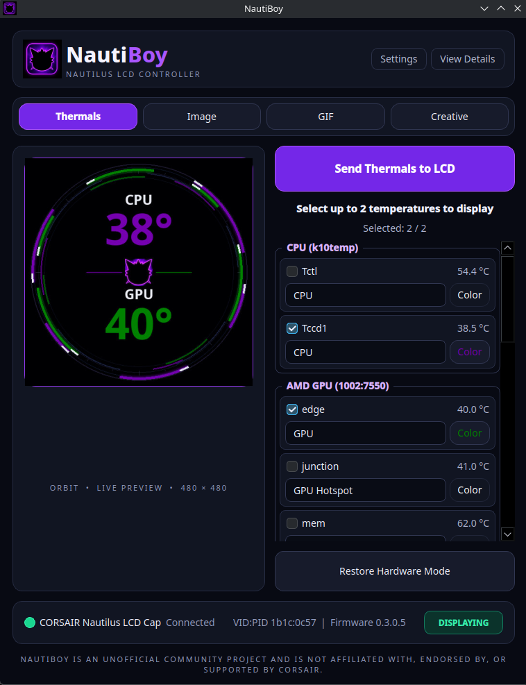 NautiBoy Thermals profile showing live CPU and GPU temperatures